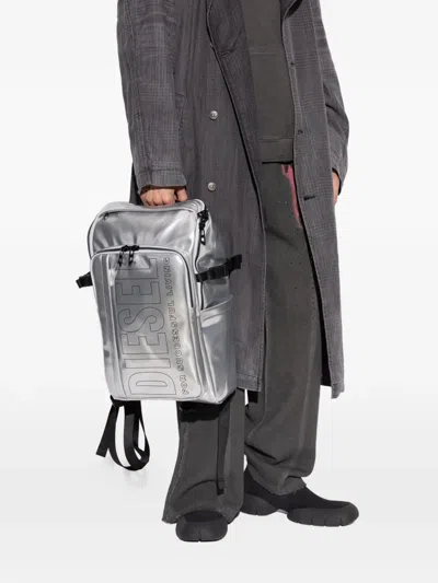 Diesel Logo-print Metallic-effect Backpack In Silver