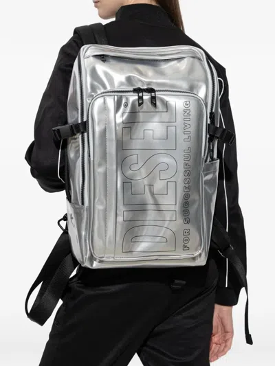 Diesel Logo-print Metallic-effect Backpack In Silver