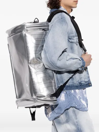 Diesel Logo-print Metallic-effect Backpack In Silver