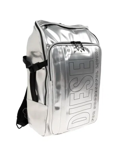 Diesel Logo-print Metallic-effect Backpack In Silver