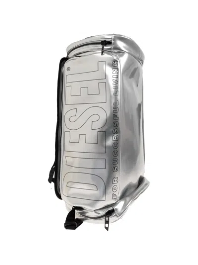 Diesel Logo-print Metallic-effect Backpack In Silver