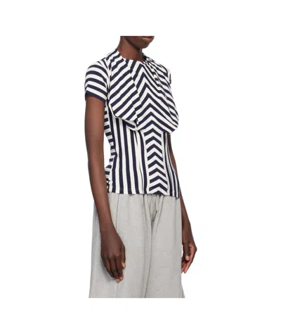 Pushbutton Striped Pleated T-shirt In White