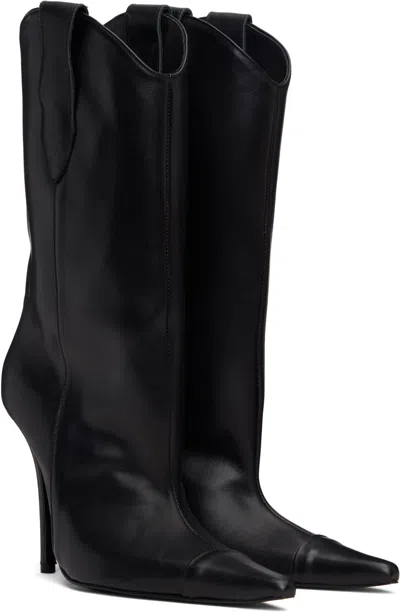 Pushbutton Pointed-toe Leather Boots In Black