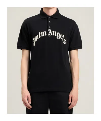 Palm Angels Curved Logo Embroidered Polo Shirt In Black