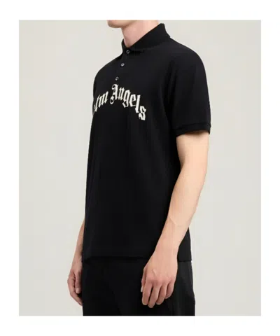 Palm Angels Curved Logo Embroidered Polo Shirt In Black