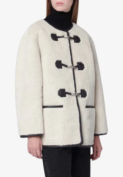 Dunst Collarless Buckled Shearling Jacket Cream In White