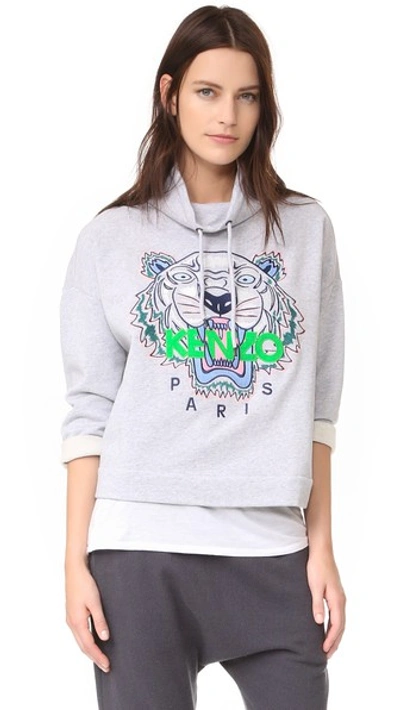 Kenzo Embroidered Tiger Icon Funnelneck Cotton Sweatshirt In Pale Grey ...