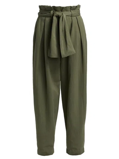 Balmain Belted Pleated Cotton And Linen-blend Twill Tapered Pants In Green