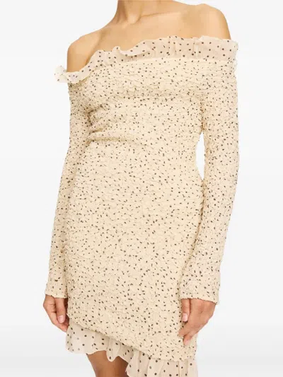 By Malene Birger Corinette Off The Shoulder Mini Dress In Polka Dot Print In Neutral