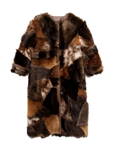 Prada Patchwork Shearling Coat In Brown