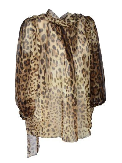 Shop Dolce & Gabbana Leopard Print Chiffon Tie-neck Blouse In Leopardato