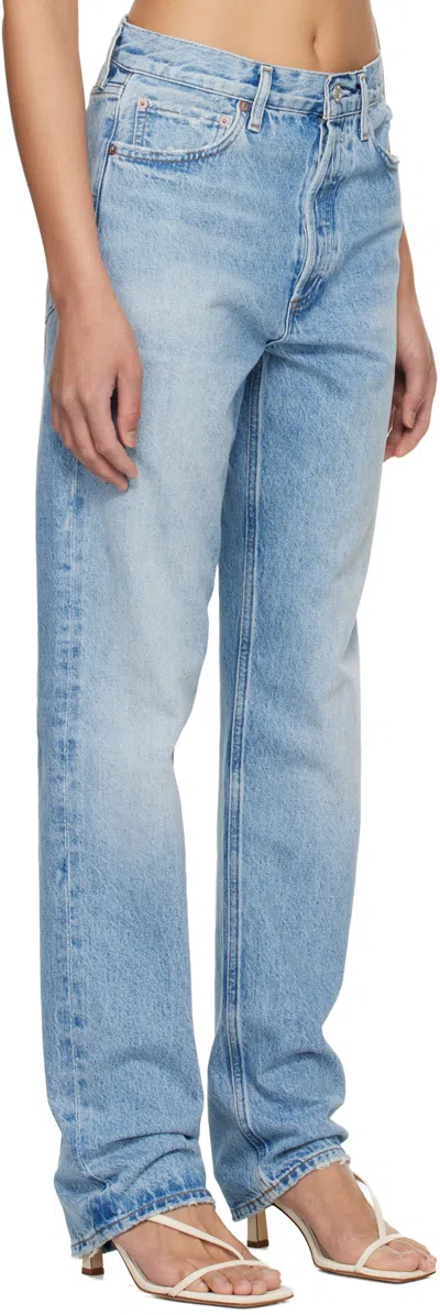 Agolde 90's Pinch Waist Long Frayed High-rise Straight-leg Jeans In Blue