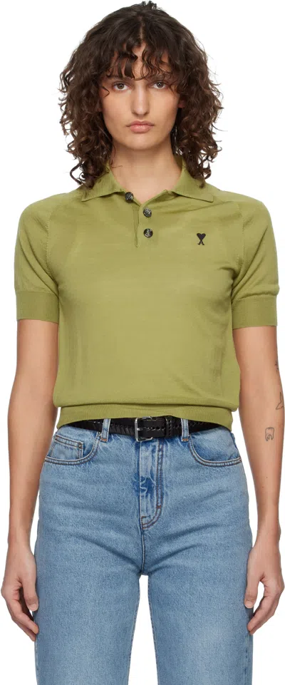 Ami Alexandre Mattiussi Green Wool Short Sleeves Ami De Coeur Polo Green