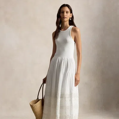 Polo Ralph Lauren Womens White Sleeveless Lace-trim Stretch-cotton Tank Dress