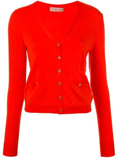 Tory Burch Front Pocket Buttoned Cardigan In Red Volcano