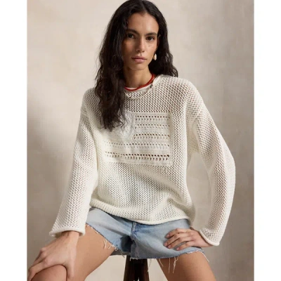Polo Ralph Lauren Womens White Multi Flag Pointelle-knit Cotton Jumper