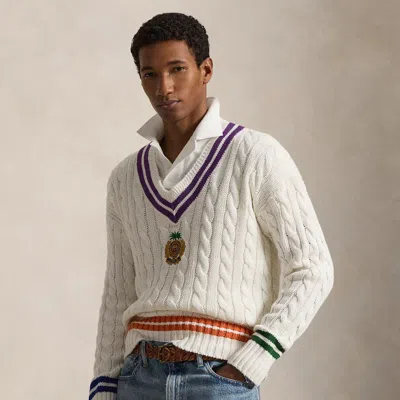 Polo Ralph Lauren Mens Cream Combo Crest-embroidered Cable-knit Cotton And Linen Jumper Xl In White