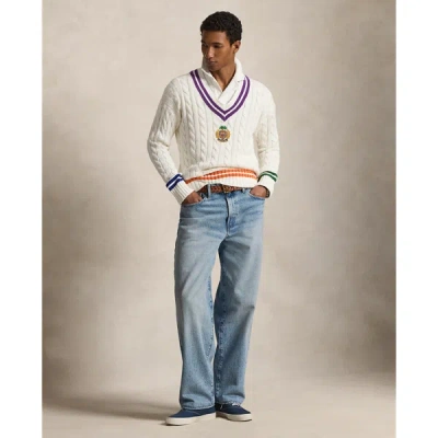 Polo Ralph Lauren Mens Cream Combo Crest-embroidered Cable-knit Cotton And Linen Jumper Xl In White