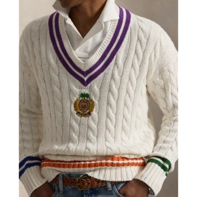 Polo Ralph Lauren Mens Cream Combo Crest-embroidered Cable-knit Cotton And Linen Jumper Xl In White