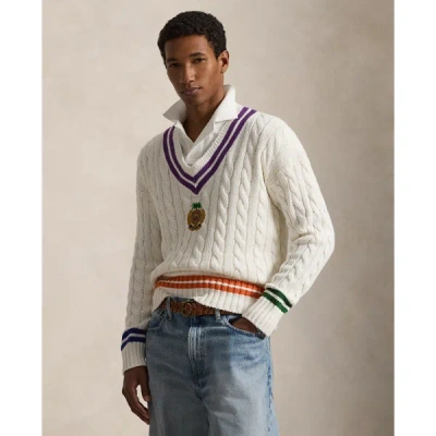 Polo Ralph Lauren Mens Cream Combo Crest-embroidered Cable-knit Cotton And Linen Jumper Xl In White