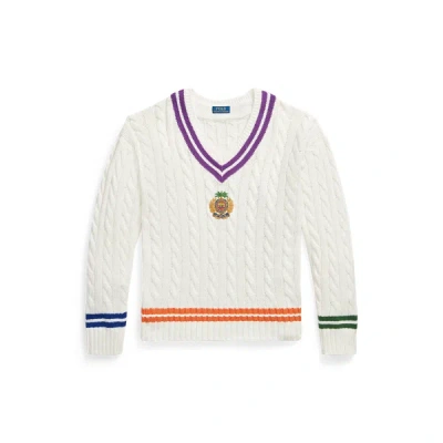 Polo Ralph Lauren Mens Cream Combo Crest-embroidered Cable-knit Cotton And Linen Jumper Xl In White