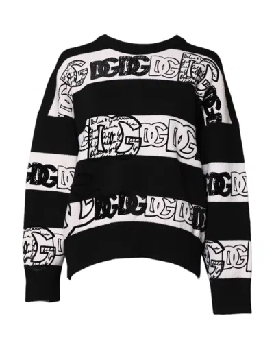 Dolce & Gabbana Logo Wool Pullover Sweater Striped Design In Black
