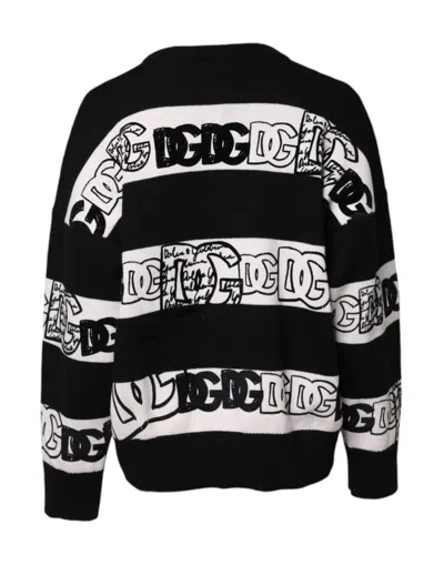 Dolce & Gabbana Logo Wool Pullover Sweater Striped Design In Black