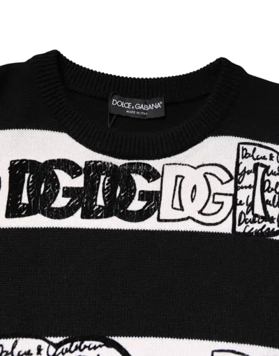 Dolce & Gabbana Logo Wool Pullover Sweater Striped Design In Black
