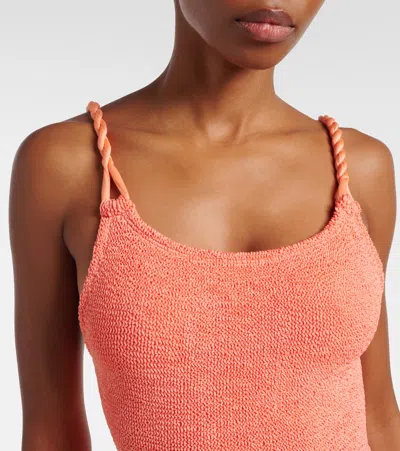 Hunza G Ribbed High Leg Square Neck Swimsuit In Orange