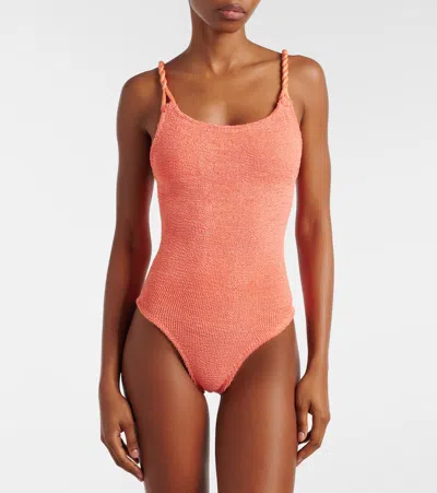 Hunza G Ribbed High Leg Square Neck Swimsuit In Orange