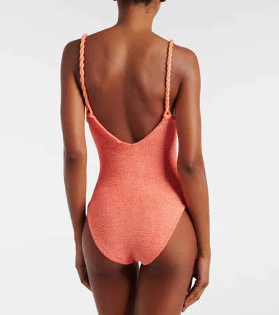 Hunza G Ribbed High Leg Square Neck Swimsuit In Orange