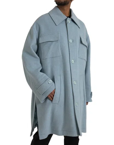 Dolce & Gabbana Light Blue Wool Button Trench Coat Jacket In Blue