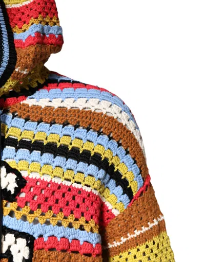 Dolce & Gabbana Hooded Cotton Blend Striped Crochet Pullover In Multi