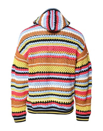 Dolce & Gabbana Hooded Cotton Blend Striped Crochet Pullover In Multi