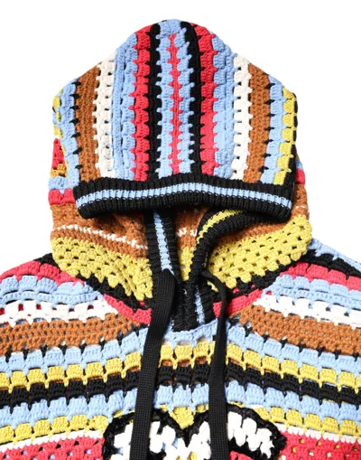 Dolce & Gabbana Hooded Cotton Blend Striped Crochet Pullover In Multi