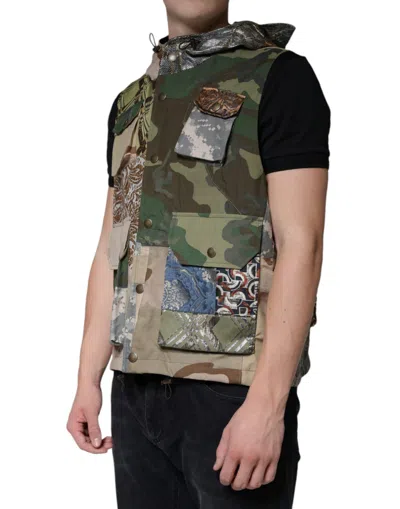 Dolce & Gabbana Multicolor Patchwork Hooded Vest Jacket In Gray