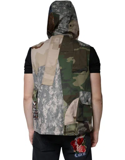 Dolce & Gabbana Multicolor Patchwork Hooded Vest Jacket In Gray
