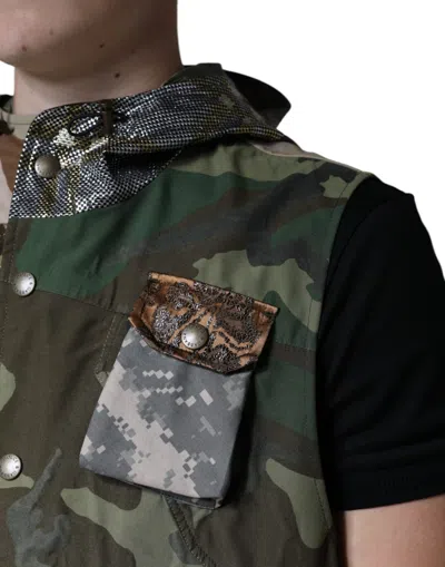 Dolce & Gabbana Multicolor Patchwork Hooded Vest Jacket In Gray