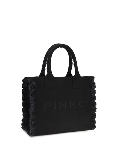 Pinko Frayed Lettering Medium Tote Bag In Black