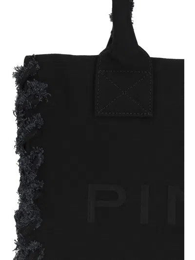 Pinko Frayed Lettering Medium Tote Bag In Black