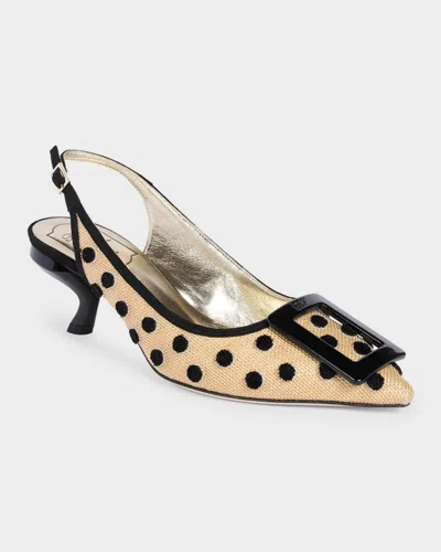 Roger Vivier 55mm Virgule Embroidered Dots Raffia And Suede Slingback Pumps In Multi