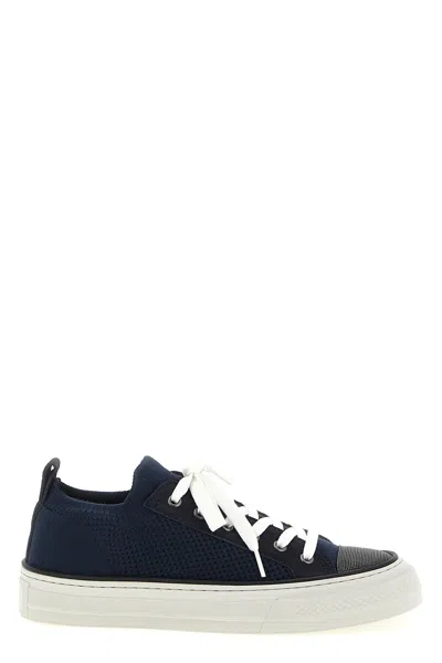 Brunello Cucinelli Bead-embellished Suede-trimmed Stretch-knit Sneakers In Blue
