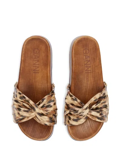 Ganni Twisted-detail Leopard-print Sandals In Animal Print