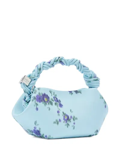 Ganni Mini Bag Structured Shape Floral Pattern Handle In Blue