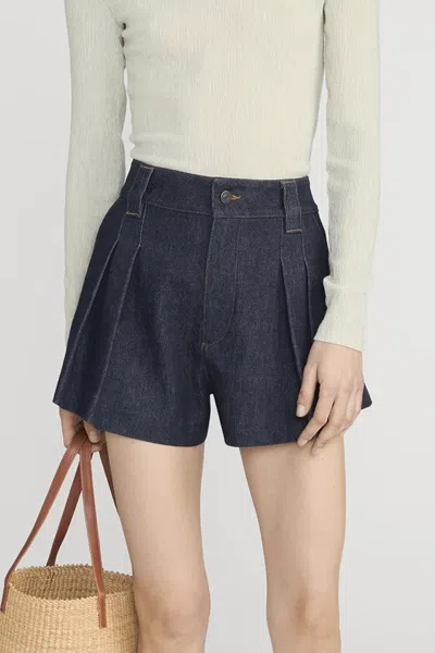 Frame The Structural Pleated Denim Shorts In Blue