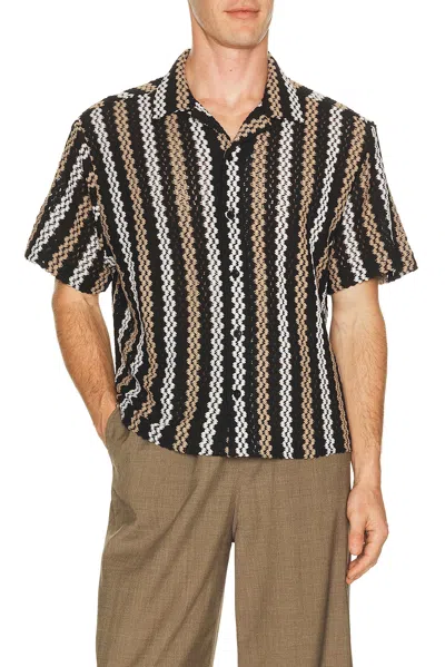 Percival Wade Openwork Stripe Camp Shirt In Black