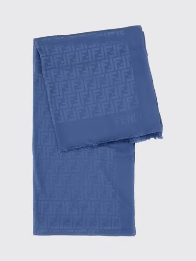 Fendi Ff Silk Stole Rectangular Shape Frayed Edges In Blue