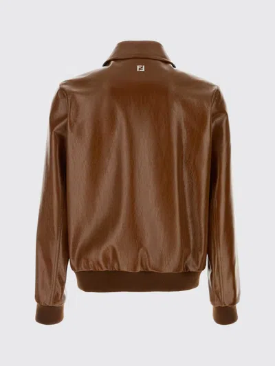 Fendi Leather Jacket Collared Design Front Pockets In Brown