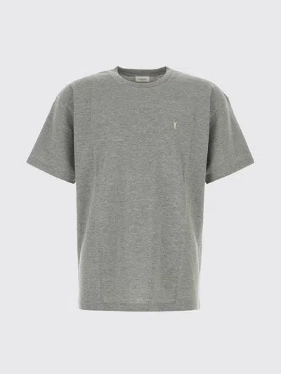 Saint Laurent Grey Crewneck T-shirt With Cassandre Embroidery In Cotton Man In Gray