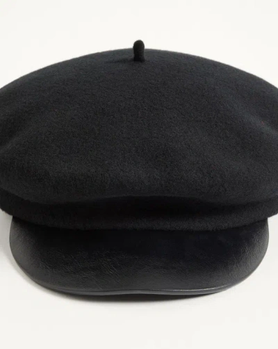 Valentino Embellished Leather-trimmed Wool Cap In Black